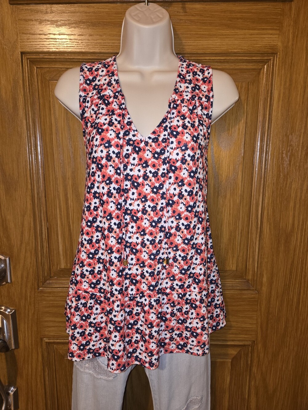 Michael Kors Coral and Navy Floral V-Neck Tank